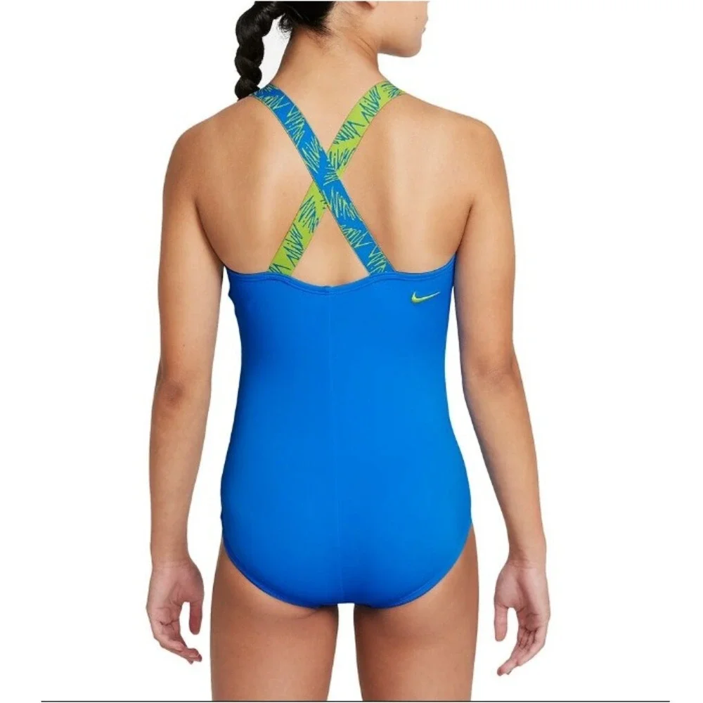 Nike Swim Girls Swoosh Blue Script Logo Crossback One Piece Swimsuit Size XL NWT